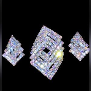 Vintage Brooch and Earring Set Aurora Borealis Crystals